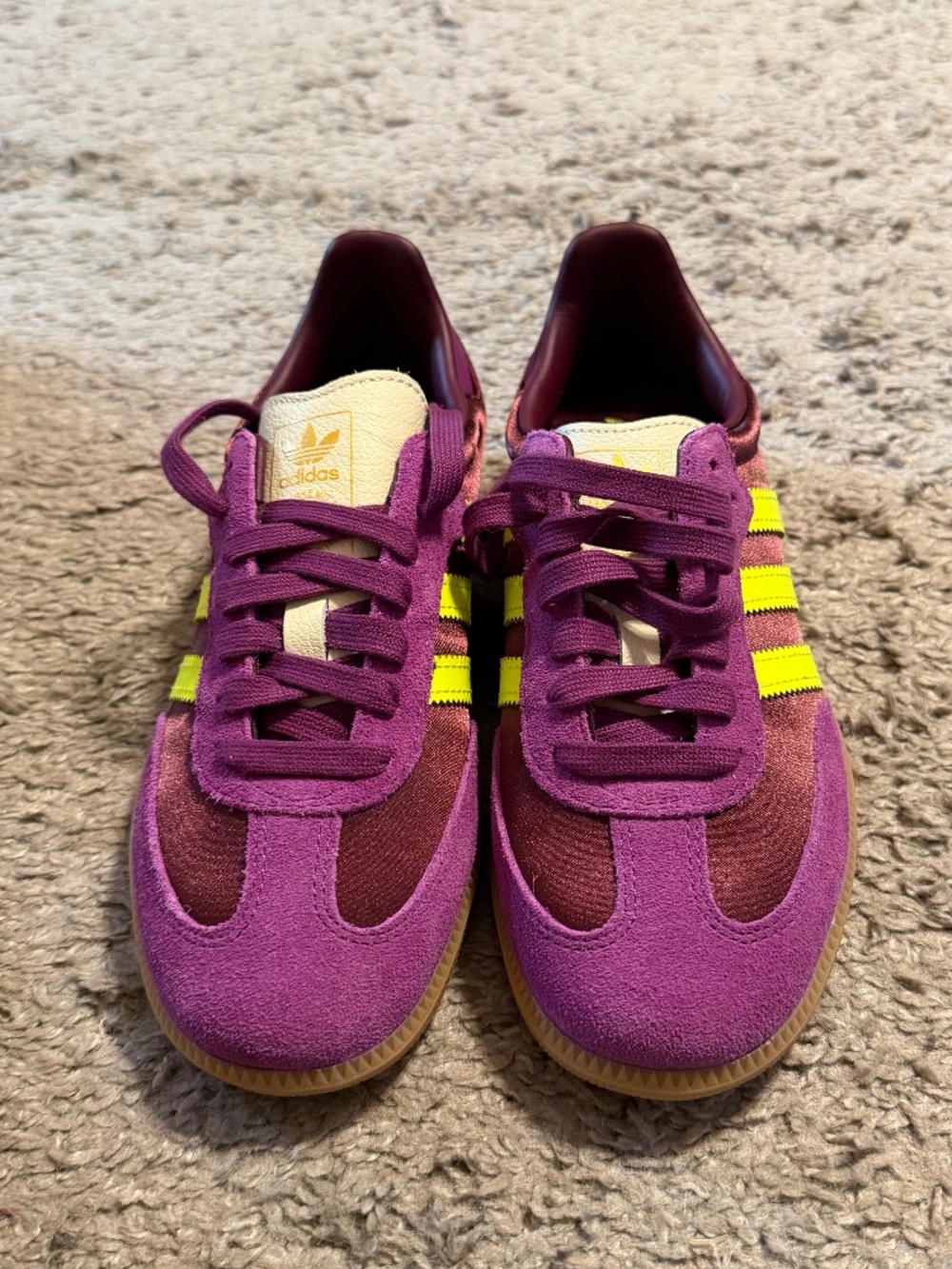 Brand New Purple and Lime Green Adidas Sambas Youth Size 5.5